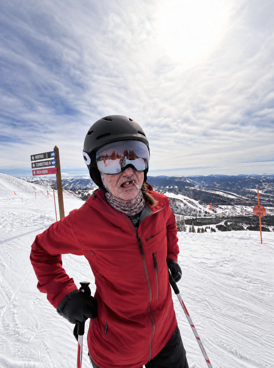 Skier in a red jacket wearing the grey ski mask
