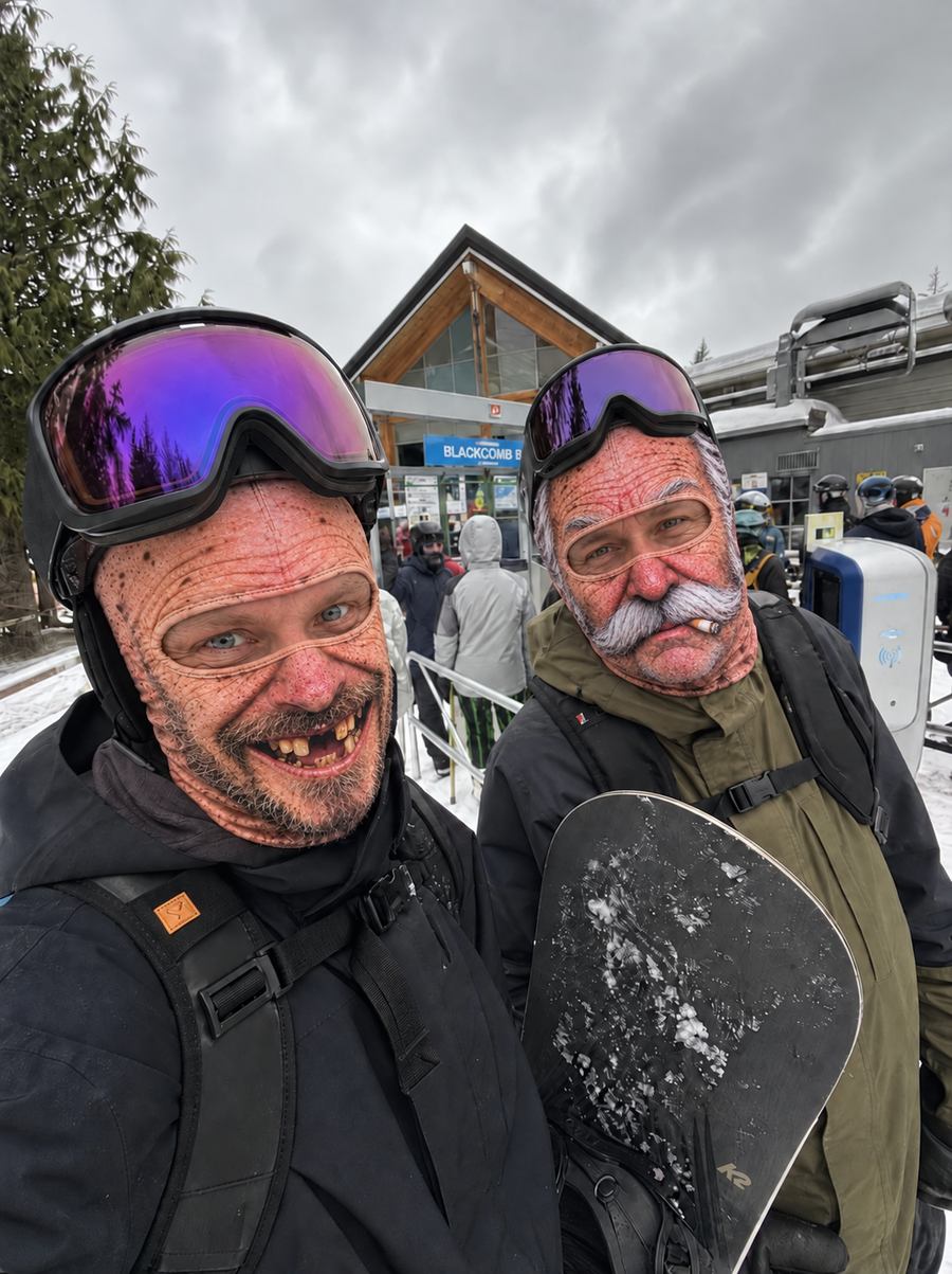 Two snowboarders wearing Tony and white-moustache ski masks with skin-tone eye seams
